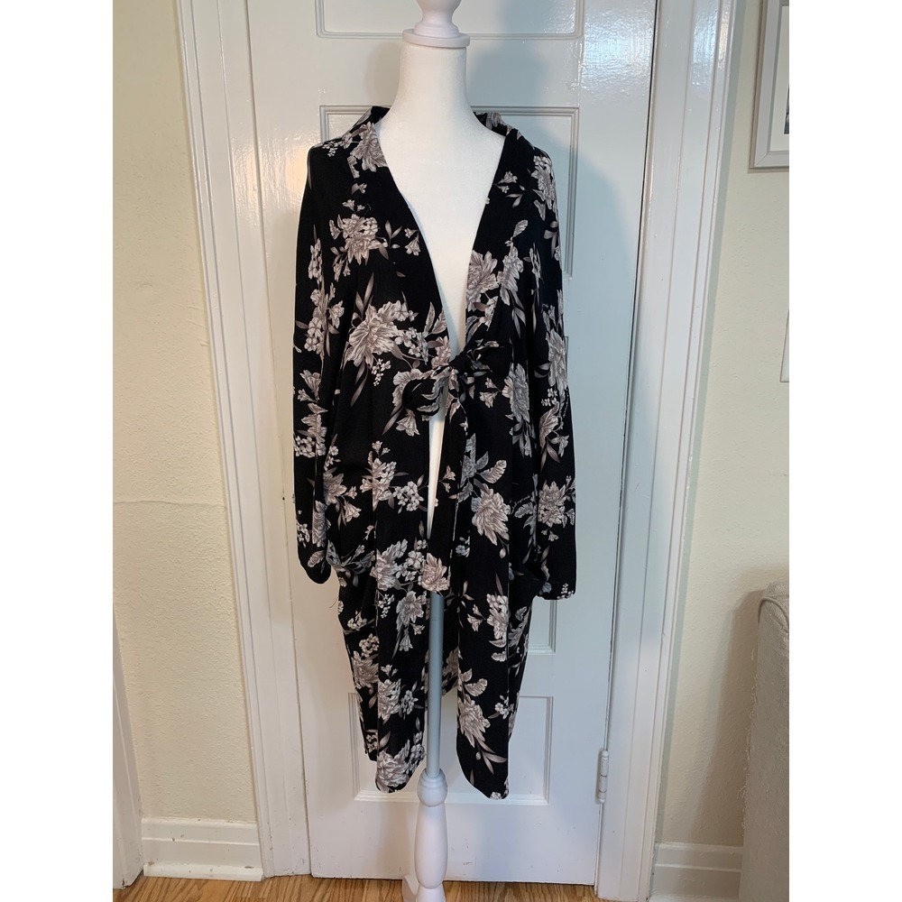Spiritual Gangster Kimono Black Floral Print Front Tie Cardigan Robe / One Size